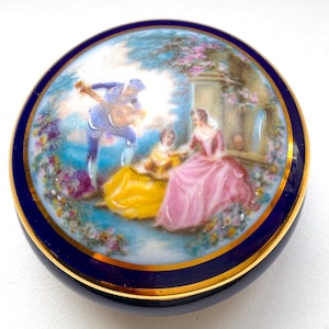 Antique Limoges Porcelain Pill Box: Fragonard Courting Scene, Cobalt Blue & Gold