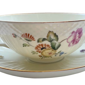 Very Rare Royal Copenhagen Frijsenborg Two Handle Consomme Soup Cup & Saucer. Wild Pink Peony and Green Orange Peony. Denmark 1960s 1. Class
