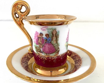 Antique Porcelain Neo Classic Empire Style Demitasse Cup and Saucer Set. Bavaria 1940s. Romantic Motive Red and Gold.