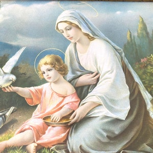 Beautiful Rare Antique 1910-1920 Giovanni Signed Framed Lithograph Print. Madonna Child Mary Jesus with White Doves. Fine Art Collectible