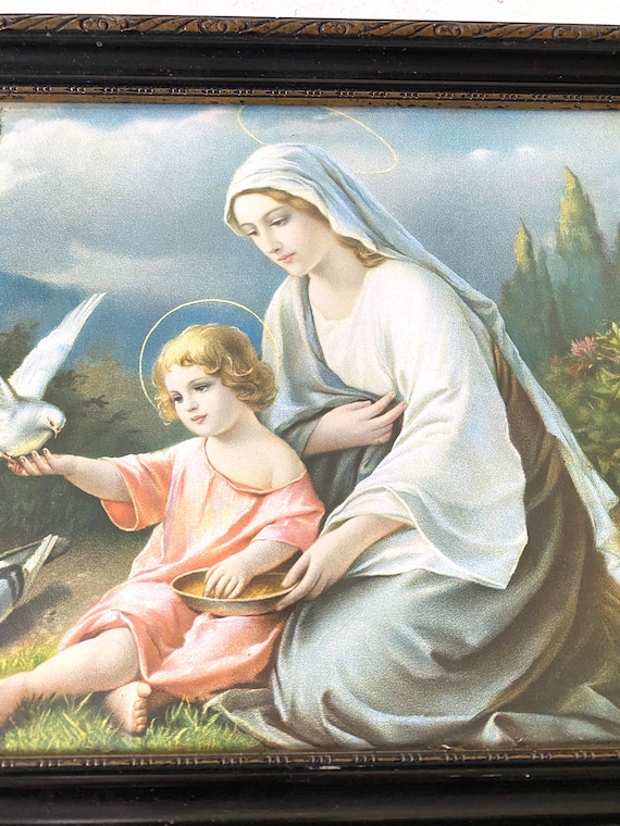 Lithographie Couleur Encadrée XIXe Siècle - Maternité, Cadre Laiton, Style Néoclassique, 12 Cm