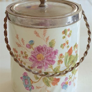 Porcelain Biscuit Jal. Floral Motive. Tin Lid and handle. English Antique 1910-1920s image 2