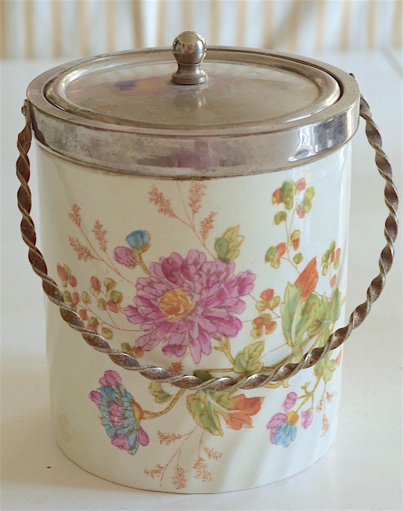 Porcelain Biscuit Jal. Floral Motive. Tin Lid and handle. English Antique 1910-1920s image 2