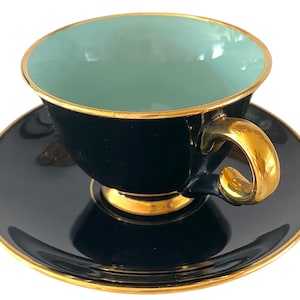 Vintage Stavangerflint Palett Cup and Saucer Set: Green & Black Harlequin, Gold Accent