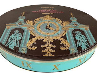 Fortnum & Mason Vintage Oval Chocolate Tin. Posh and Elegant Turquoise Blue and Brown with Gold Accent. English Tea Time Classic