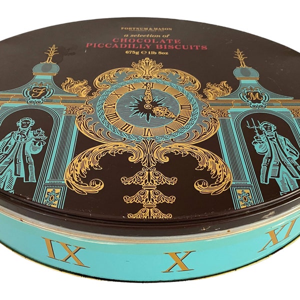 Fortnum & Mason Vintage Oval Chocolate Tin. Posh and Elegant Turquoise Blue and Brown with Gold Accent. English Tea Time Classic