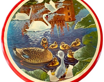 Rare Classic Danish The Ugly Duckling Round Biscuit Tin.  Nostalgic Hans Christian Andersen Fairy Folk Tale Motive