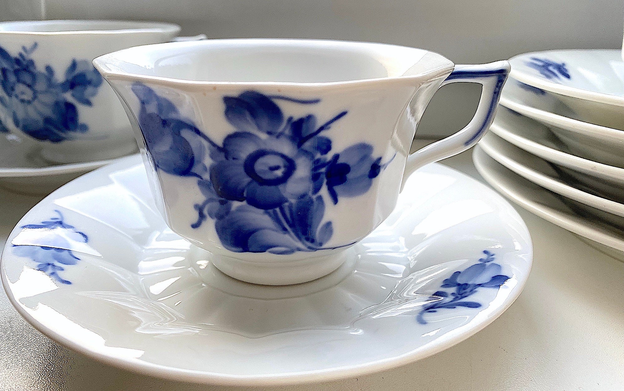 Angular Saucer Class Cake Tea Blå and Porcelain. Plate Antique/vintage Etsy Flower Blue Fine Option. Copenhagen Royal Cup - 1. Set. Blomst