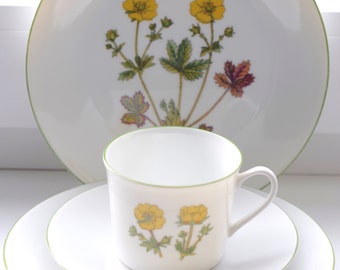 Porsgrund Fjell Flora Green Trim. Alpine Cinquefoil Mountain Flower. Select Unit(s): Coffee Cup, Saucer and/or Cake Plate. Vintage Norway.