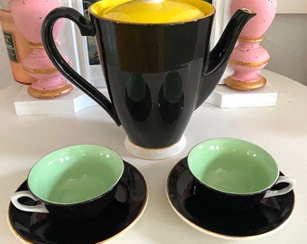 Vintage Digoin Sarreguemines Tea Set: Black Ceramic Coffee Pot or Cup, French 1950s