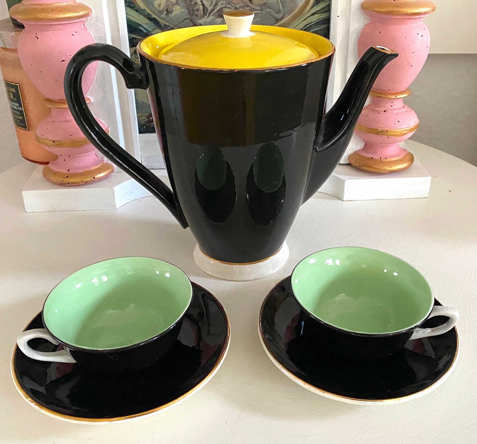 Digoin and Sarreguemines Serving Pieces. Black With Color