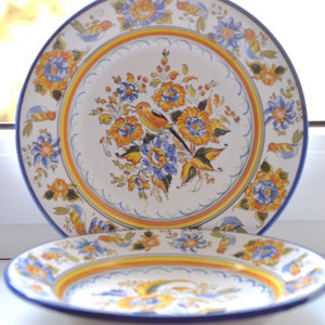Classic Vintage Italian Toledo Caryso Traditional Rustic Bird Flowers Blue Golden Rich Motive. Ceramic Serving Dinner Plate.  Sold Pr Plate
