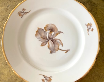 Antique KPM Denmark Plate: 1900s Golden Orchid, Gold Trim (24 cm)