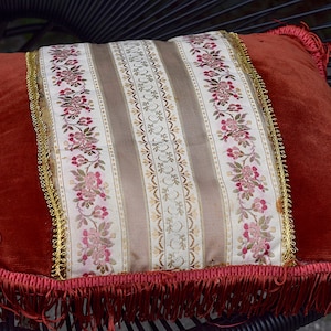 Vintage Handmade Red Velvet Square Pillow with Lace and Tassels. Handcrafted