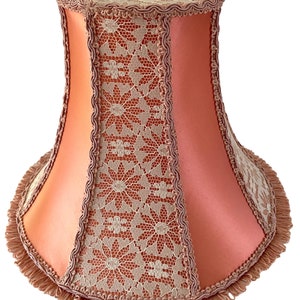 French Vintage Apricot Satin Lamp Shade: White Lace Tassel Fringe, Clip On