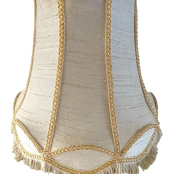 Fine Vintage 1950s French Chic Lamp Shade. Off White Pale Ecru Linen with Champagne Trim. Beautiful Details. Non Clip.