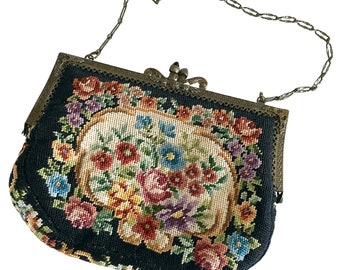 Rare Vintage 1920s Embroidered Hand Bag Clasp Purse. Danish Floral Botanical Cross Stitch Art Work. Vibrant Colors Contrast on Black