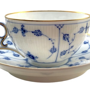 Antique 1870-1890 Royal Copenhagen 1. Class Blue Fluted Gold Large Tea Cup and Saucer. Extremely Rare  Denmark Collectible. Small Flaw