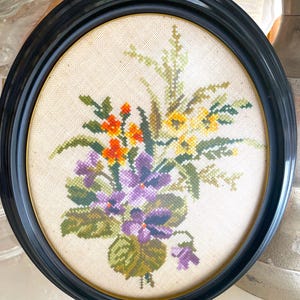 Vintage Nordic Needlepoint Floral Embroidery: Oval Framed Botanical Art