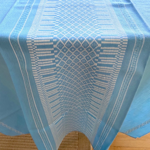 Vintage Light Blue with White Contrast Geometric Pattern.  Danish Modern Linen Tablecloth Elegant Hand Made Scandinavian Traditional