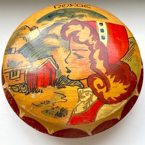 Vintage Norwegian Wood Trinket Box: Hand-Painted Woman, Three Legs