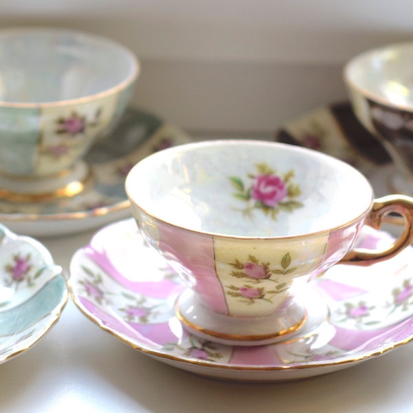 Antique Pearl Lustre Gold Accent Porcelain Demitasse. German 1940s. Striped Pink Rose Floral. Sold pr Cup and Saucer. Select Color(s)