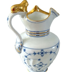 Antique Blue Fluted Water Pitcher: Winterling Bavaria Porcelain, Gold Lion