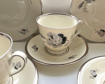 Antique KPM Trio Set: 1920s Black Rose Porcelain Cup, Saucer, Plate