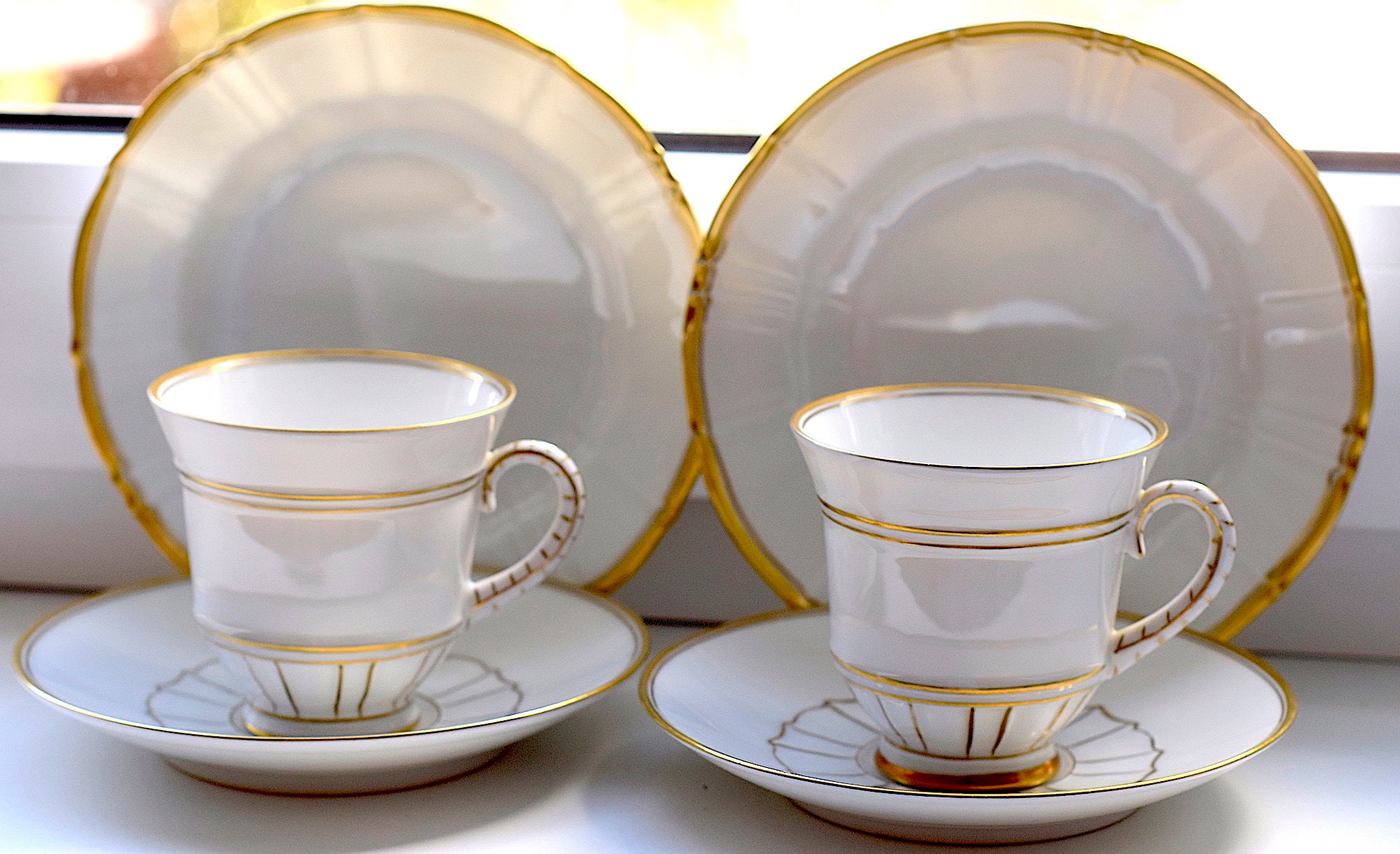 Vintage White and Gold Offenbach Neoclassic Coffee/Tea Cup Sets. Bing & Grøndahl Vintage 1950s. Heirloom Quality. With Cake Plate Option