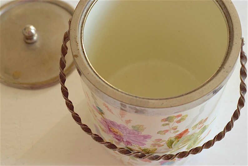 Porcelain Biscuit Jal. Floral Motive. Tin Lid and handle. English Antique 1910-1920s image 3