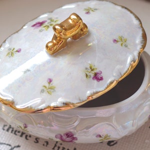 Lustre Fine Porcelain Pink Rose Buds Gold Accented Covered Oval Dish Bowl with Handles.  Antique 1920s Fine Condition