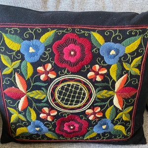 Vintage Hand Embroidered Rectangular Black Pillow.  Nordic Red Peony Folk Art Botanical Flower Motive. Scandinavian Tradition.