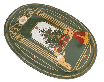 Royal Copenhagen Oval Tin. Vintage Danish Christmas Theme Deep Green, Red and Gold.