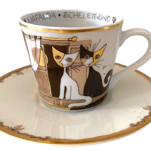 Rare Rosina Wachtmeiater by Goebel Demitasse Cup and Saucer Set. Trio Cat Motive. Gold Accent. Fine Porcelain. Collectible