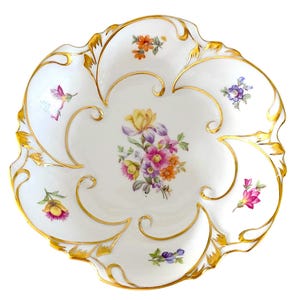 Antique JLMenau Porcelain Dish: Floral Rococo, Gold Accent