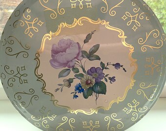 Vintage Pastel Aqua Blue Green with Gold Tone Filigree Round Art Cookie/ Biscuit Tin. Beautiful Lavender Pink Rose Floral Motive