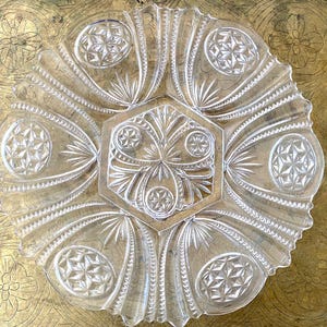 Rare Beautiful Antique Scalloped Crystal Glass Side Plate. Gorgeous Art Nouveau Floral Sculpted Design. 18 cm in Diameter. Price per Plate