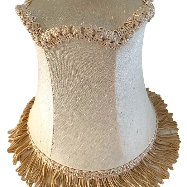 Vintage 1950s French Chic Lamp Shade. Elegant Soft Off White Linen with Champagne Golden Tassels. Beautiful Details. Clip Frame