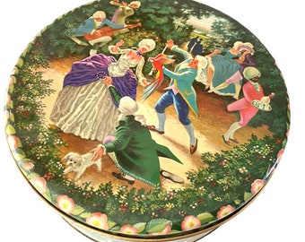 Lovely Round Cookie TIn. Playful Rococo Inspired Landcape Scenery.  Gorgeous Colors. Vintage 1970s Vibrant Art Work. Ira Denmark