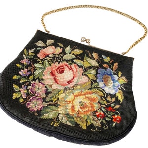 Antique Hand-Embroidered Clasp Purse: Danish Folklore Design, Gilded Chain