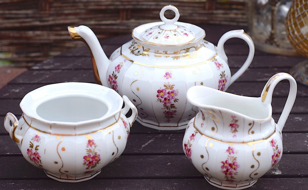 Vintage Bavarian Porcelain Tea Set: White With Pink Flowers & Gold - Etsy