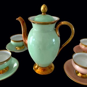 Rare Antique 1920s Empress Serving Pieces. Coffee/Tea Pot, Footed Demitasse Cup Sets. Crown KPM Denmark. Pastels with Gold. Select Color