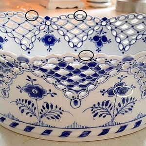 Antique Royal Copenhagen Blue Fluted Full Lace No. 1059 Large Oval Centerpiece Fruit Basket Bowl. 1889-1922 Very Rare. Small Repairs/Flaws image 8
