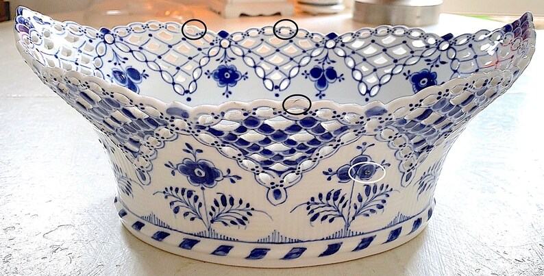 Antique Royal Copenhagen Blue Fluted Full Lace No. 1059 Large Oval Centerpiece Fruit Basket Bowl. 1889-1922 Very Rare. Small Repairs/Flaws image 8