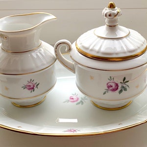 Bing & Grondahl Roselil Lidded Sugar Bowl, Creamer and Oval Plate Set. Pink Rosebuds. Gold Accent. Fine Porcelain Vintage Denmark