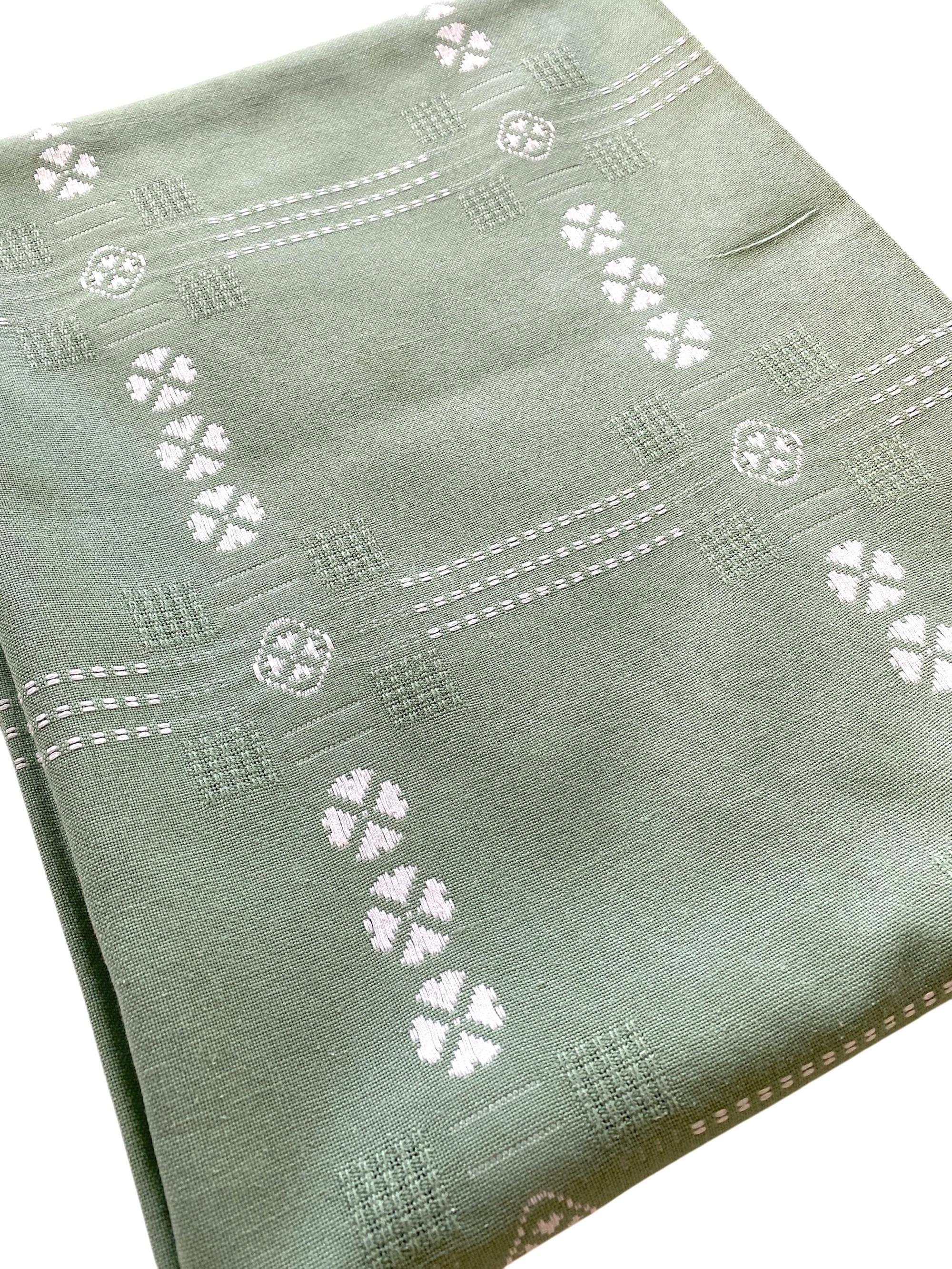 Vintage Dänische Leinen Tischdecke: Mid-Century Modern Pastell Grün Geometrisch