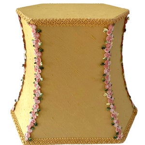 French Luxe Nouveau Rococo Lidded Lamp Shade. Marigold Classic Golden Yellow with Gorgeous Pink Roses Lace Trim. Non Clip. Vintage 1950s