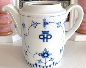 Classic Blue Fluted Coffee/Tea Pot NO LID. Hotel Porcelain  Vintage 1950s Bing & Grondahl. Rare Crowned Monogram Initials. Collectible