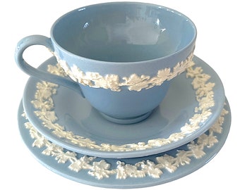 Rare Vintage Coffee Cup and Saucer. Wedgwood Queensware Etruria Barlaston. Glazed Lavender Blue White Floral Relief. Side Plate Option