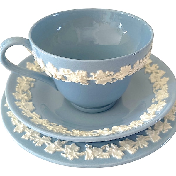 Rare Vintage Coffee Cup and Saucer. Wedgwood Queensware Etruria Barlaston. Glazed Lavender Blue White Floral Relief. Side Plate Option